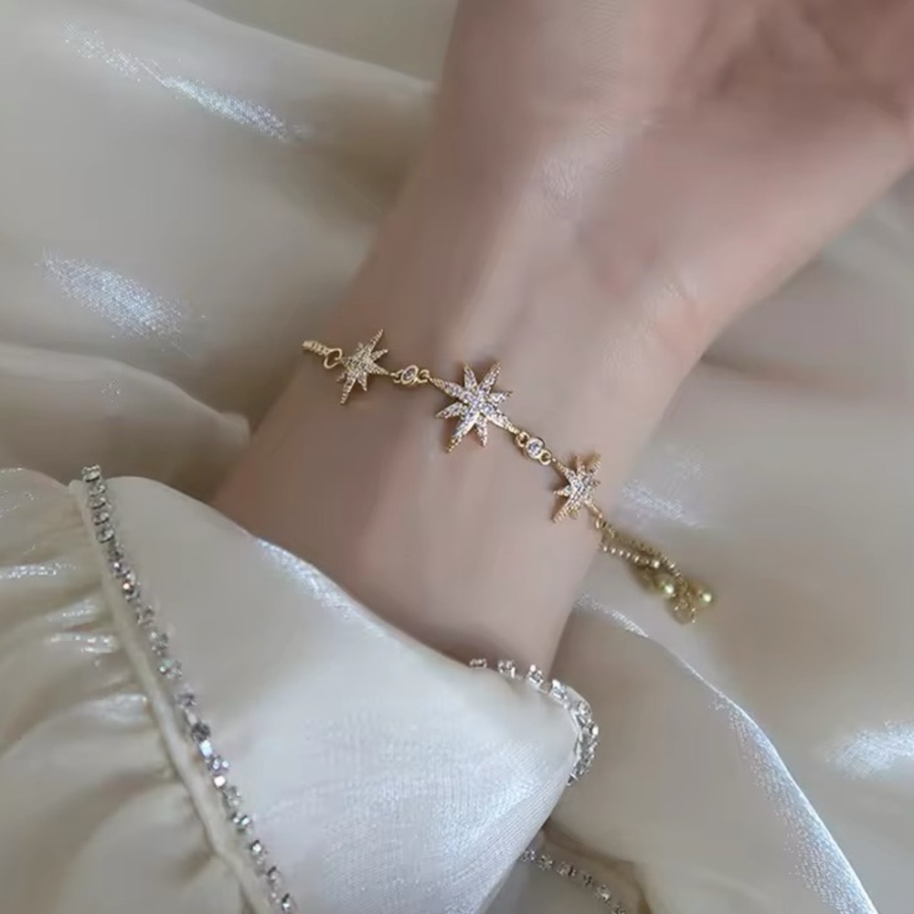 💎 NEW 14K Gold Plated CZ Crystal Hexagonal Star Snowflake Adjustable Bracelet